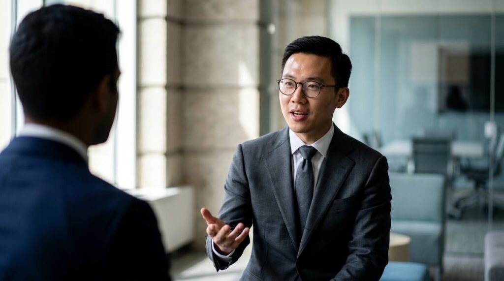 Two colleagues talking in an office