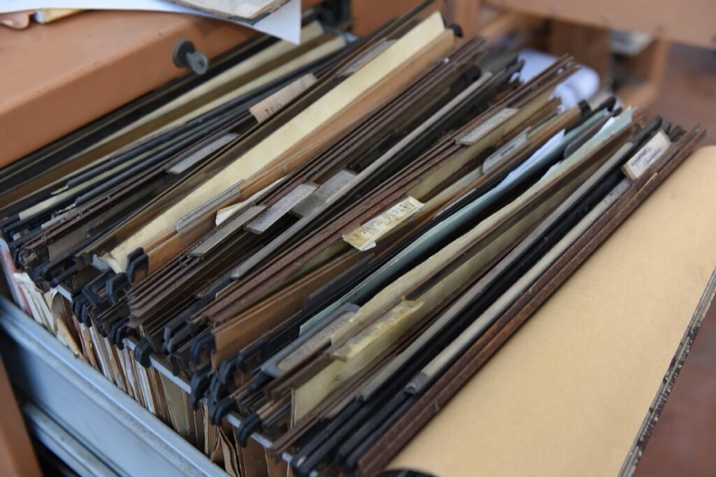 Hanging file folders packed in a drawer